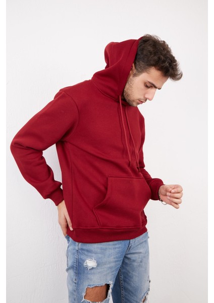 Devo Store Erkek %100 Pamuk Kordonlu Kanguru Cep Şardonlu Kalın Kapüşonlu Sweatshirt