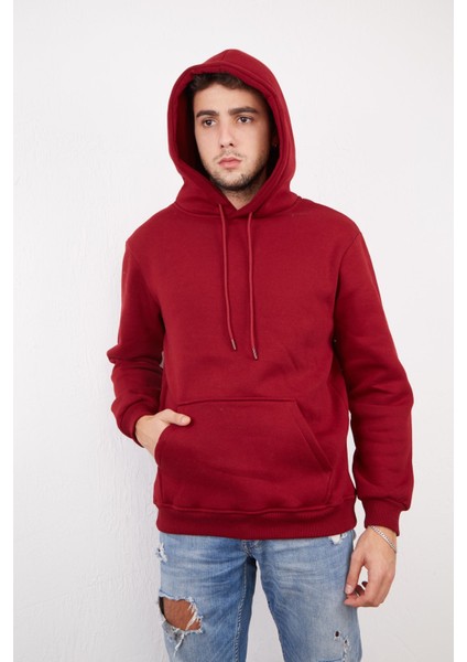 Devo Store Erkek %100 Pamuk Kordonlu Kanguru Cep Şardonlu Kalın Kapüşonlu Sweatshirt