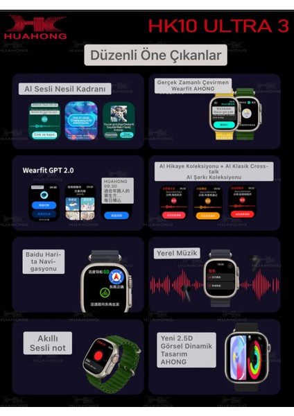 HK10 Ultra 3 Amoled Ekran G-Sensör 2.02 Inç Akıllı Saat (2024) 1gb 5 Kordon ( Erkek)