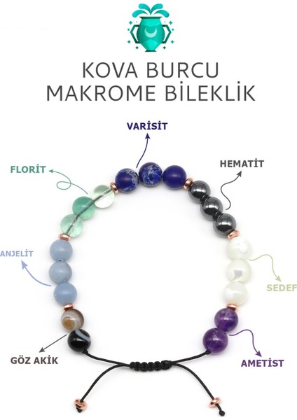 Kova Burcu Taşlarından Oluşan Doğal Taş Makrome Bileklik 8 mm Küre Kesim - Burç Bilekliği