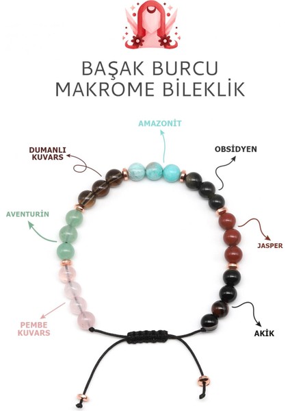 Başak Burcu Taşlarından Oluşan Doğal Taş Makrome Bileklik 6 mm Küre Kesim - Burç Bilekliği