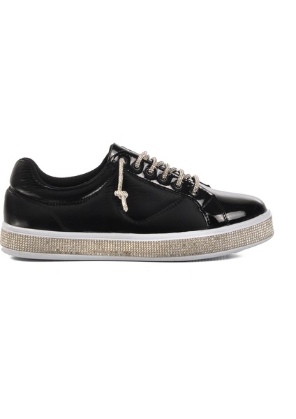 A201 Siyah Rugan Bağcıklı Taşlı Kadın Sneaker