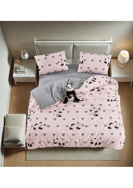 Lantana Panda Desenli Pembe Tek Kişilik Nevresim Takımı (Lastikli Çarşaflı)