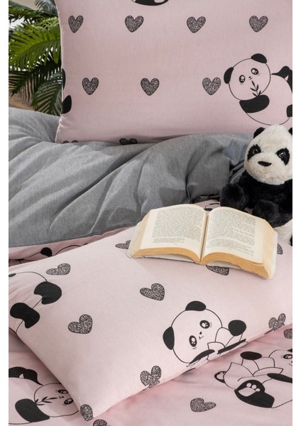 Lantana Panda Desenli Pembe Tek Kişilik Nevresim Takımı (Lastikli Çarşaflı)