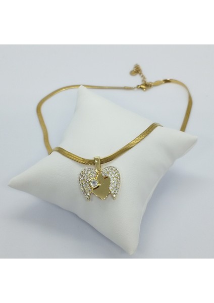 Çelik Gold Zirkon Taşlı Açılan Kalp Kolye