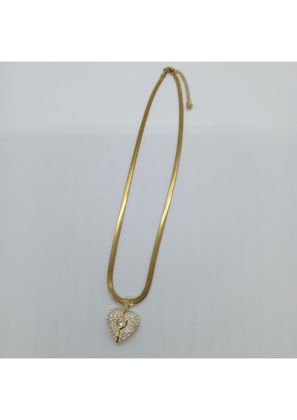 Çelik Gold Zirkon Taşlı Açılan Kalp Kolye