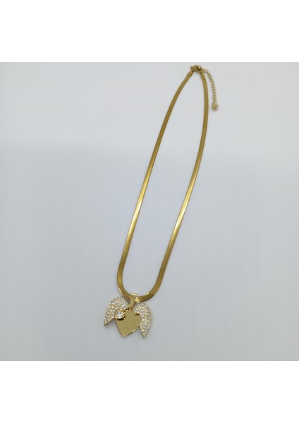 Çelik Gold Zirkon Taşlı Açılan Kalp Kolye
