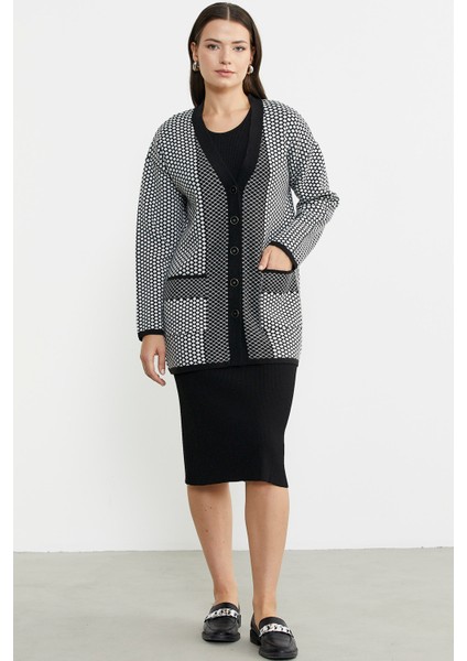 Oversize Cepli Petek Motifli Triko Ceket - Siyah