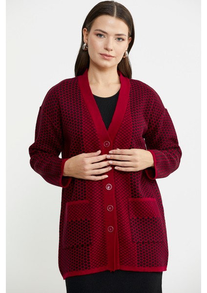 Oversize Cepli Petek Motifli Triko Ceket - Kırmızı