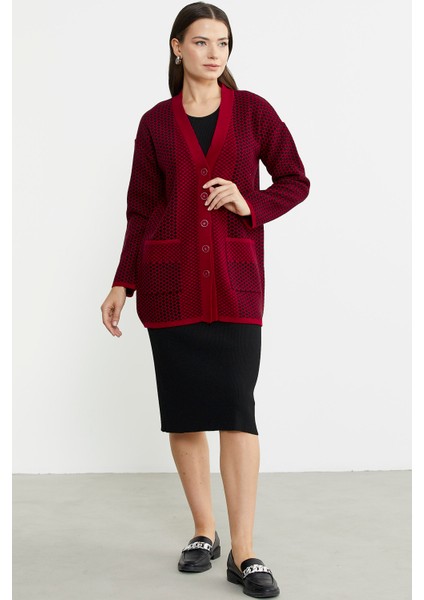 Oversize Cepli Petek Motifli Triko Ceket - Kırmızı modelleri