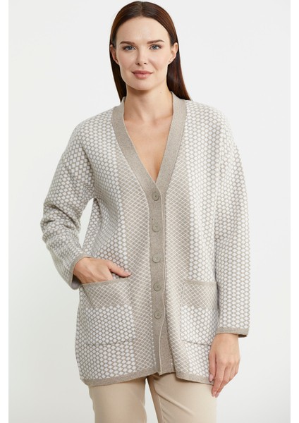 Oversize Cepli Petek Motifli Triko Ceket - Vizon