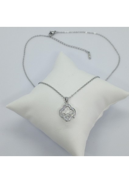 Çelik Silver Zirkon Taşlı Yonca Kolye