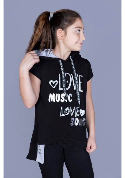 Kız Çocuk Kapüşonlu Baskılı Tişört