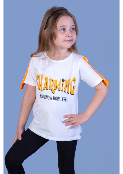Kız Çocuk Kolları Şerit Detaylı Baskılı Tişört
