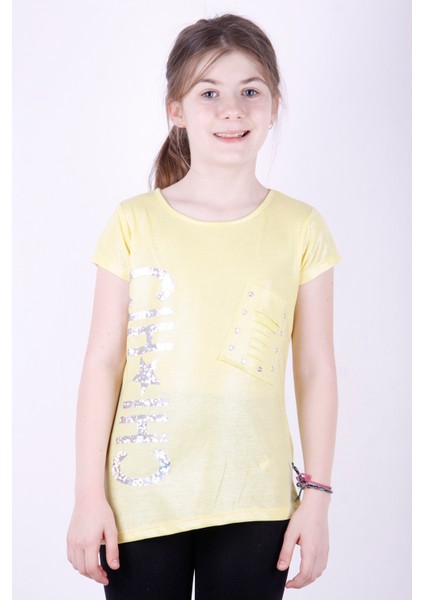 Kız Çocuk Yıldız Baskılı Kesik Cep Detaylı Tişört