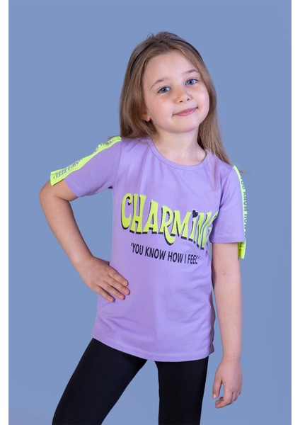 Kız Çocuk Kolları Şerit Detaylı Baskılı Tişört