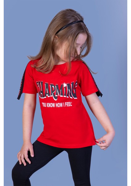 Kız Çocuk Kolları Şerit Detaylı Baskılı Tişört