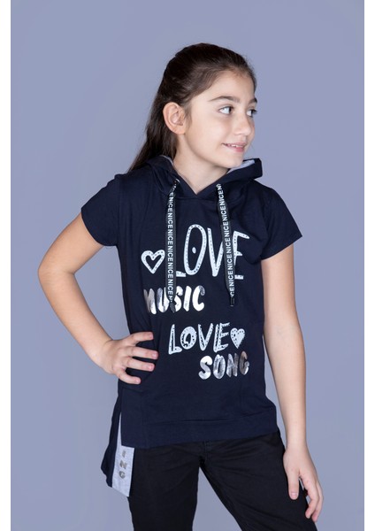 Kız Çocuk Kapüşonlu Baskılı Tişört