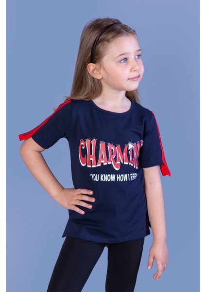 Kız Çocuk Kolları Şerit Detaylı Baskılı Tişört