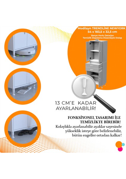 TRENDLİNE NEWYORK 54 x 183,5 x 32,5 cm 4 Kapaklı İki Çekmeceli 5 Bölmeli Çok Amaçlı Dolap modelleri