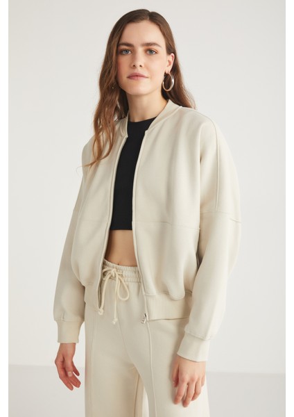 Robins 100% Pamuk İçi Polarsız Patı Fermuarlı Bej Bomber Ceket