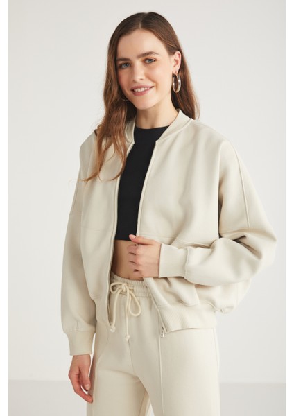 Robins 100% Pamuk İçi Polarsız Patı Fermuarlı Bej Bomber Ceket modelleri