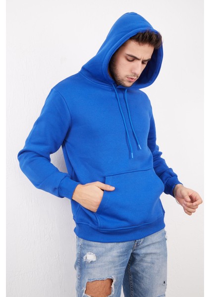 Devo Store Erkek %100 Pamuk Kordonlu Kanguru Cep Şardonlu Kalın Kapüşonlu Sweatshirt