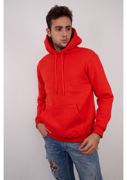 Devo Store Erkek %100 Pamuk Kordonlu Kanguru Cep Şardonlu Kalın Kapüşonlu Sweatshirt