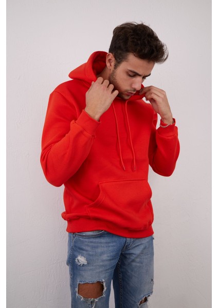 Devo Store Erkek %100 Pamuk Kordonlu Kanguru Cep Şardonlu Kalın Kapüşonlu Sweatshirt