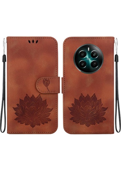 Realme 12 Artı Manyetik Kickstand Kickstand Kabartma Lotus Için Flip Case (Yurt Dışından)