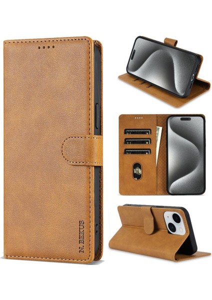 IPhone 15 Için Flip Case Yan Cep Anti Kayma Kart Yuvaları Manyetik Kapatma (Yurt Dışından)