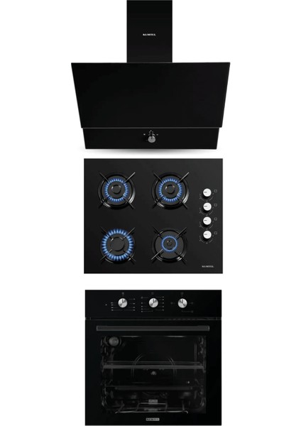 Turbo Kristal Siyah Cam Ankastre Set (DA6-830 Davlumbaz + Ko-40 Tahdf Ocak + B66-SF2 Fırın)