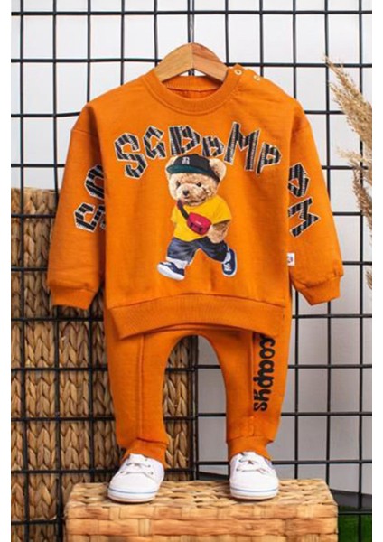 Bear Baskılı Çimalı Desen Erkek Bebek 2 li takım - Tarçın