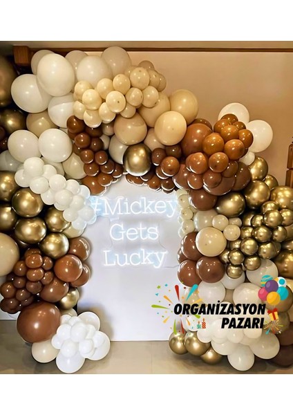 Balon Seti Karamel-Krom Gold-Sütlü Kahve-Pastel Beyaz 100 Lü Balon Zinciri Seti