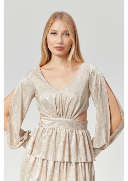 Abiye ve Mezuniyet Elbise Katlı Fırfırlı Kol Yırtmaçlı Kadın Abiye Elbise modelleri