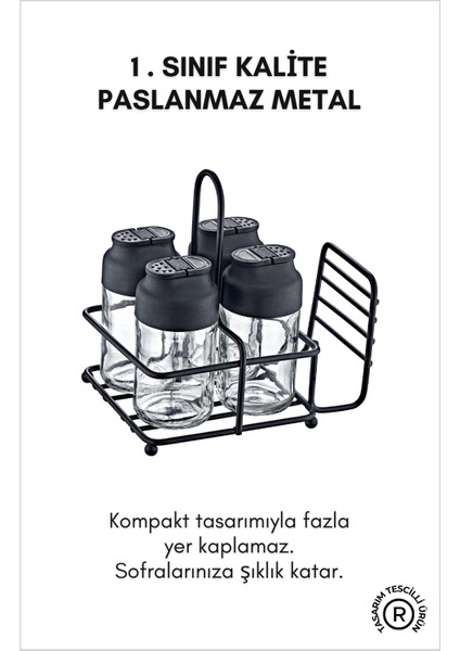 Grimor Life Perla Metal Standlı Peçetelik Hazneli 4'lü Çift Kapaklı Cam Baharatlık Seti - Baharat Takımı