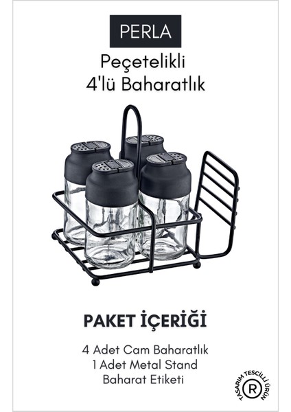 Grimor Life Perla Metal Standlı Peçetelik Hazneli 4'lü Çift Kapaklı Cam Baharatlık Seti - Baharat Takımı