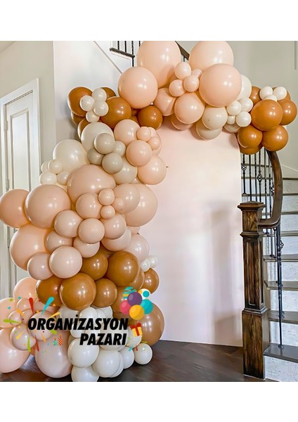 Balon Seti Karamel-Retro Beyaz-Makaron Somon 100 Lü Balon Zinciri Seti