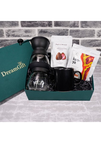 Dreamgift - Kahve Tutkunları Için: Seramik Öğütücülü Cam Kahve Öğütücüsü ve Just Coffee Kenya Çekirdek Kahve Seti