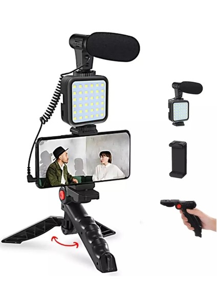 Video Making Kit Mikrofon LED Işık Mini Tripod Için Telefon Vlog Video Kayıt