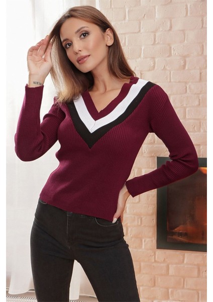 V Yaka Şerit Detaylı Fitilli Kazak modelleri