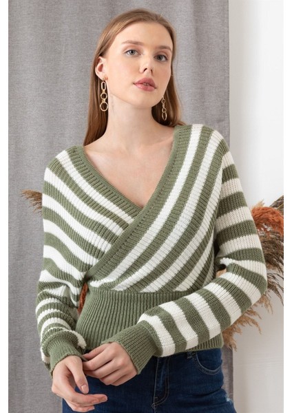Kadın Haki V Yaka Çizgili Uzun Kollu Kazak fiyatları