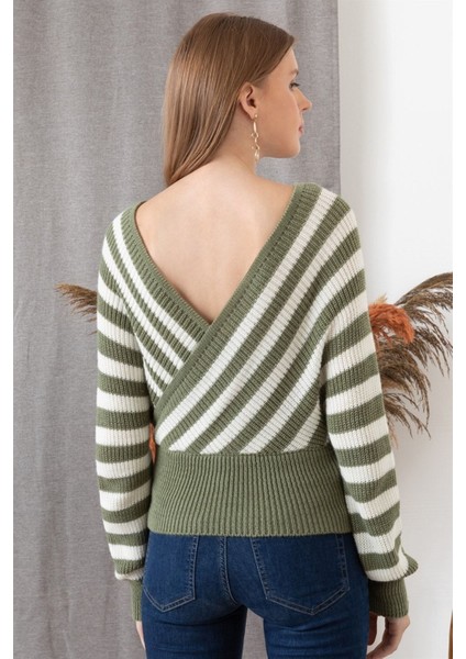 Kadın Haki V Yaka Çizgili Uzun Kollu Kazak modelleri