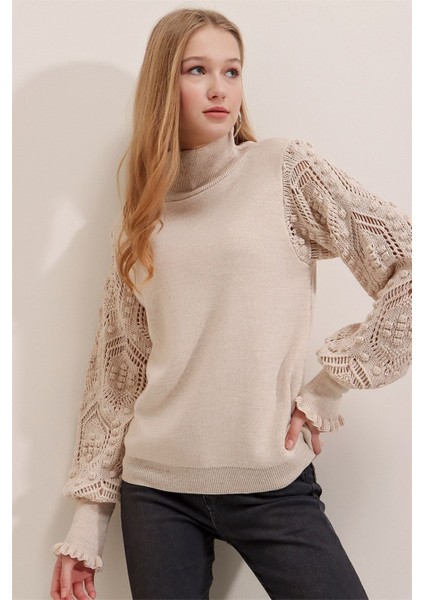 Kadın Tas Yarım Balıkçı Kolu Dantel Detaylı Kazak fiyatları