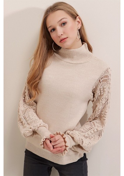 Kadın Tas Yarım Balıkçı Kolu Dantel Detaylı Kazak fırsatları