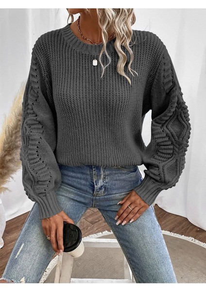 Selanik Örgü Kol Motifli Bisiklet Yaka Antrasit Triko Kazak