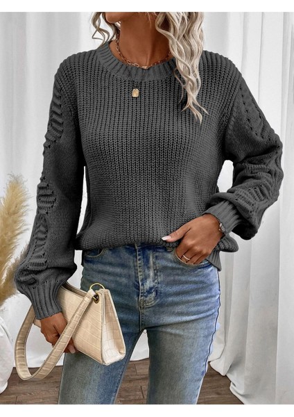 Selanik Örgü Kol Motifli Bisiklet Yaka Antrasit Triko Kazak modelleri