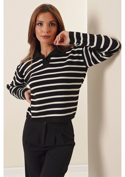 Polo Yaka Çizgi Detaylı Kazak fiyatları