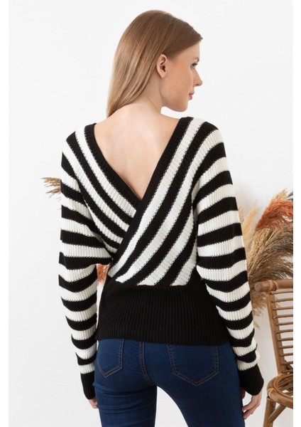 Kadın Siyah V Yaka Çizgili Uzun Kollu Kazak modelleri