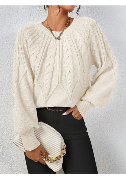 Saç Örgülü Bisiklet Yaka Italyan Kol Triko Beyaz Kazak modelleri